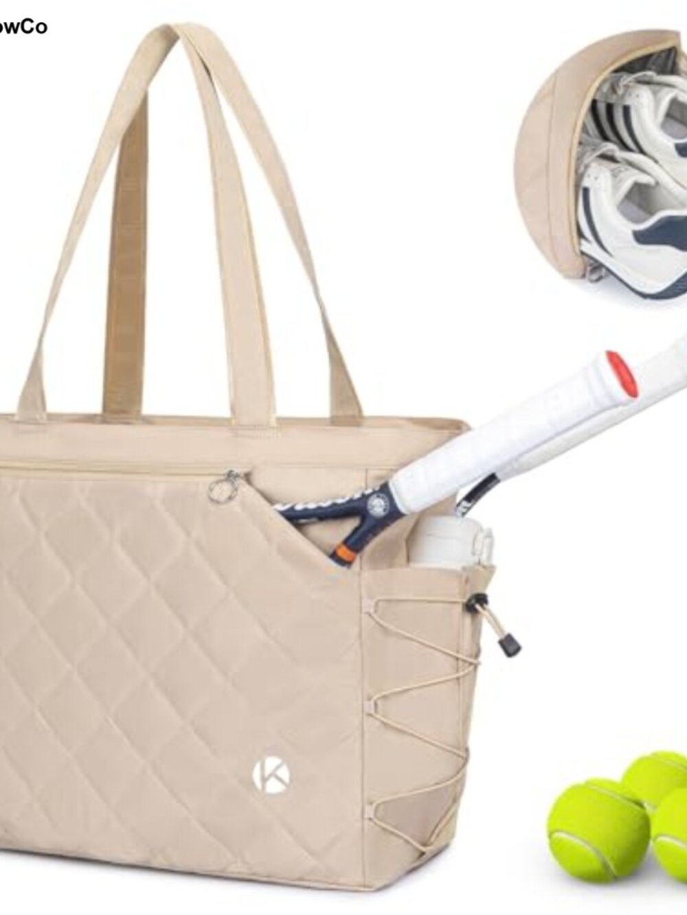 Quilted Tennis Tote Bag with Shoe Compartment, Water-Resistant, Holds 2-4